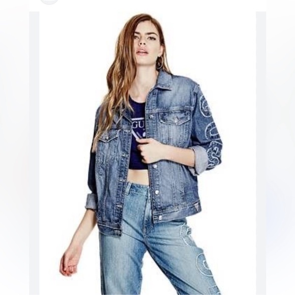 Guess Jackets & Blazers - Guess women’s vintage 90s iconic denim jacket with distressed guess on sleeve. M